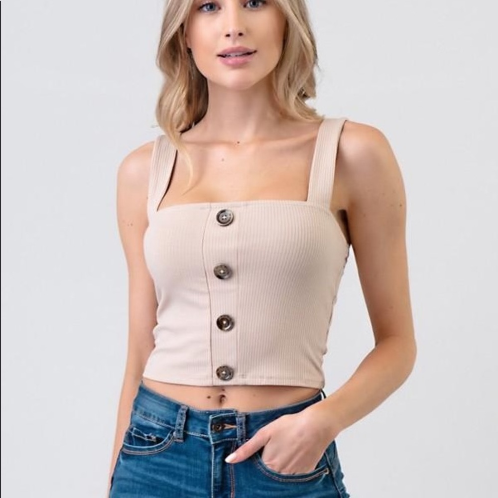 Melanie Front Button Ribbed Tank - Tan